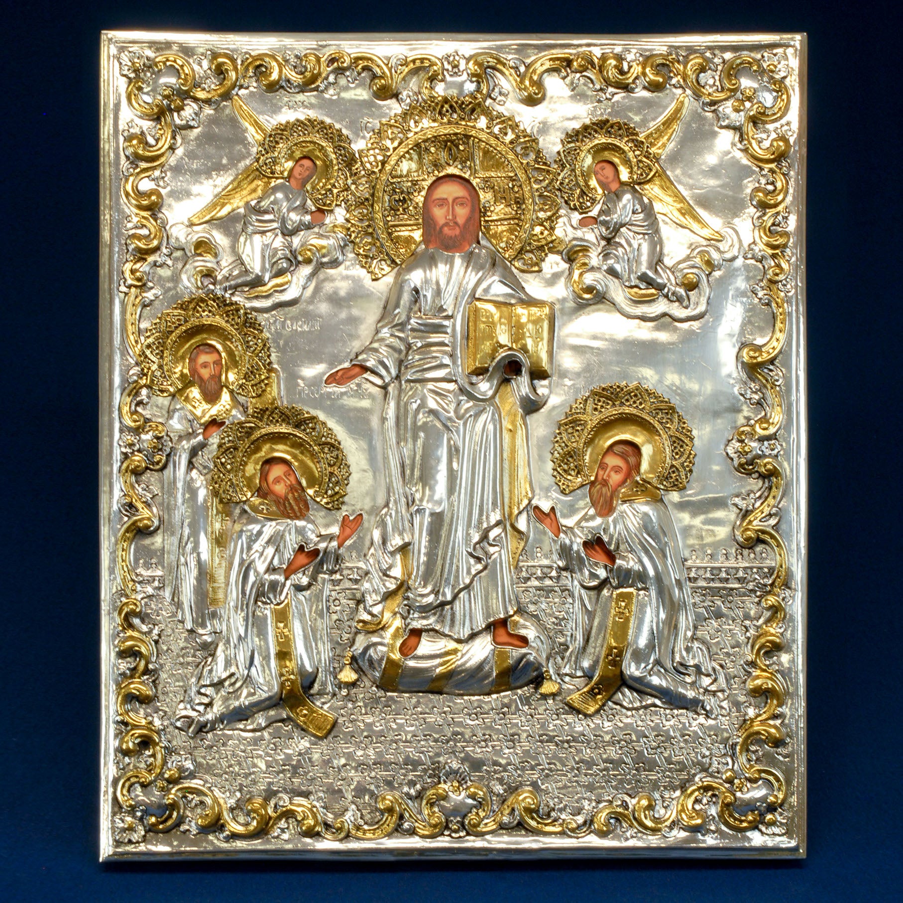Silver Plated Icon - Christ Receiving Three Great Bishops #1