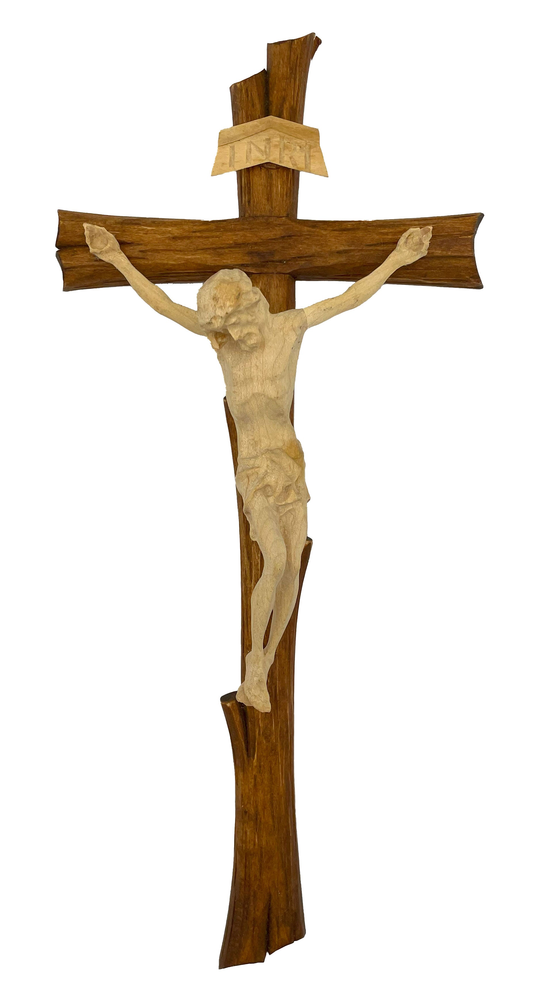 Wood Carved Crucifix - Natural Tree Cross with Jesus