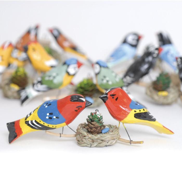 Folk Hand Carved & Painted Two Bird Family