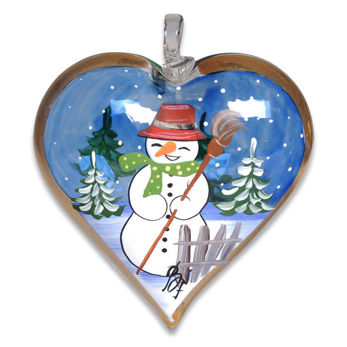 Christmas Snowman Hand Painted & Signed Glass Heart Ornament