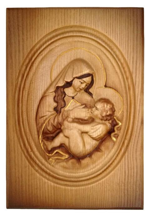 Wood Carved Icon - Mother Mary with Baby Jesus (Brown), #D