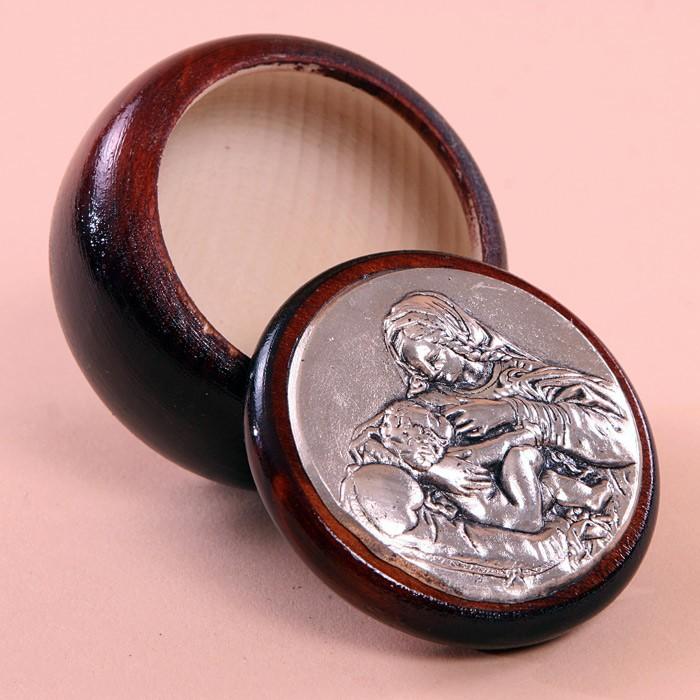 Silver Plated Round Rosary Box - Nursing Mary