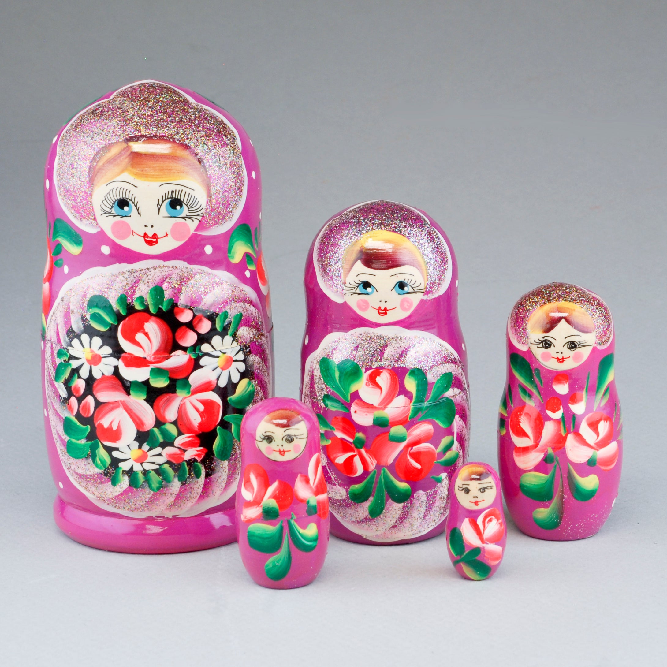 5 Piece Wooden Nesting Doll, Colorful with Glitter 7"