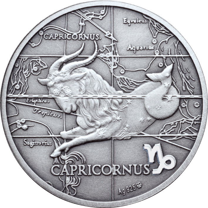 Oxidized 925 Proof Silver Medal - Capricorn, Dec 22 - Jan 19