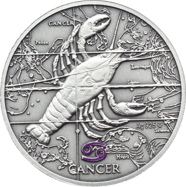 Oxidized 925 Proof Silver Medal - Cancer,  Jun 21 - Jul 22