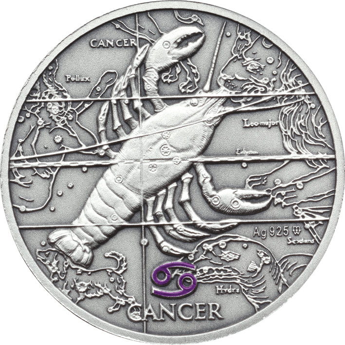 Oxidized 925 Proof Silver Medal - Cancer, Jun 21 - Jul 22