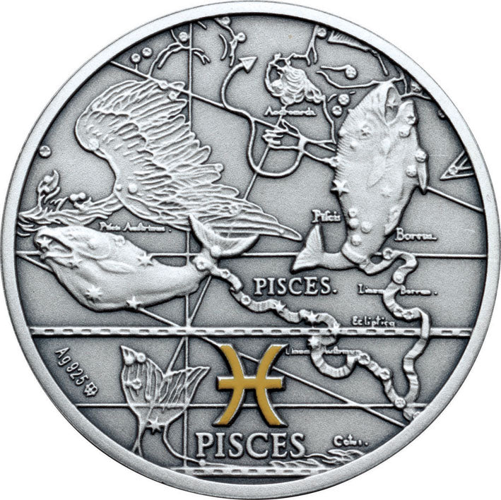 Oxidized 925 Proof Silver Medal - Pisces,  Feb 19 - Mar 20