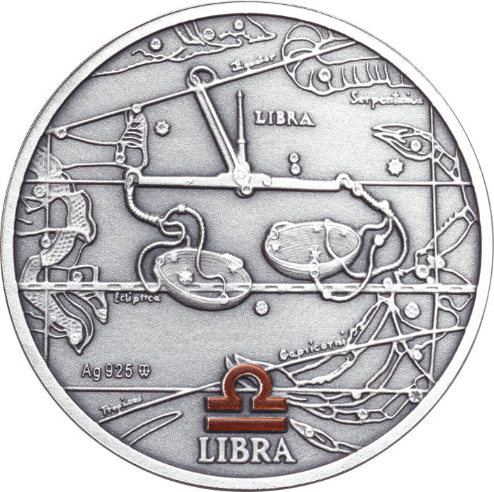 Oxidized 925 Proof Silver Medal - Libra,  Sep 23 - Oct 22