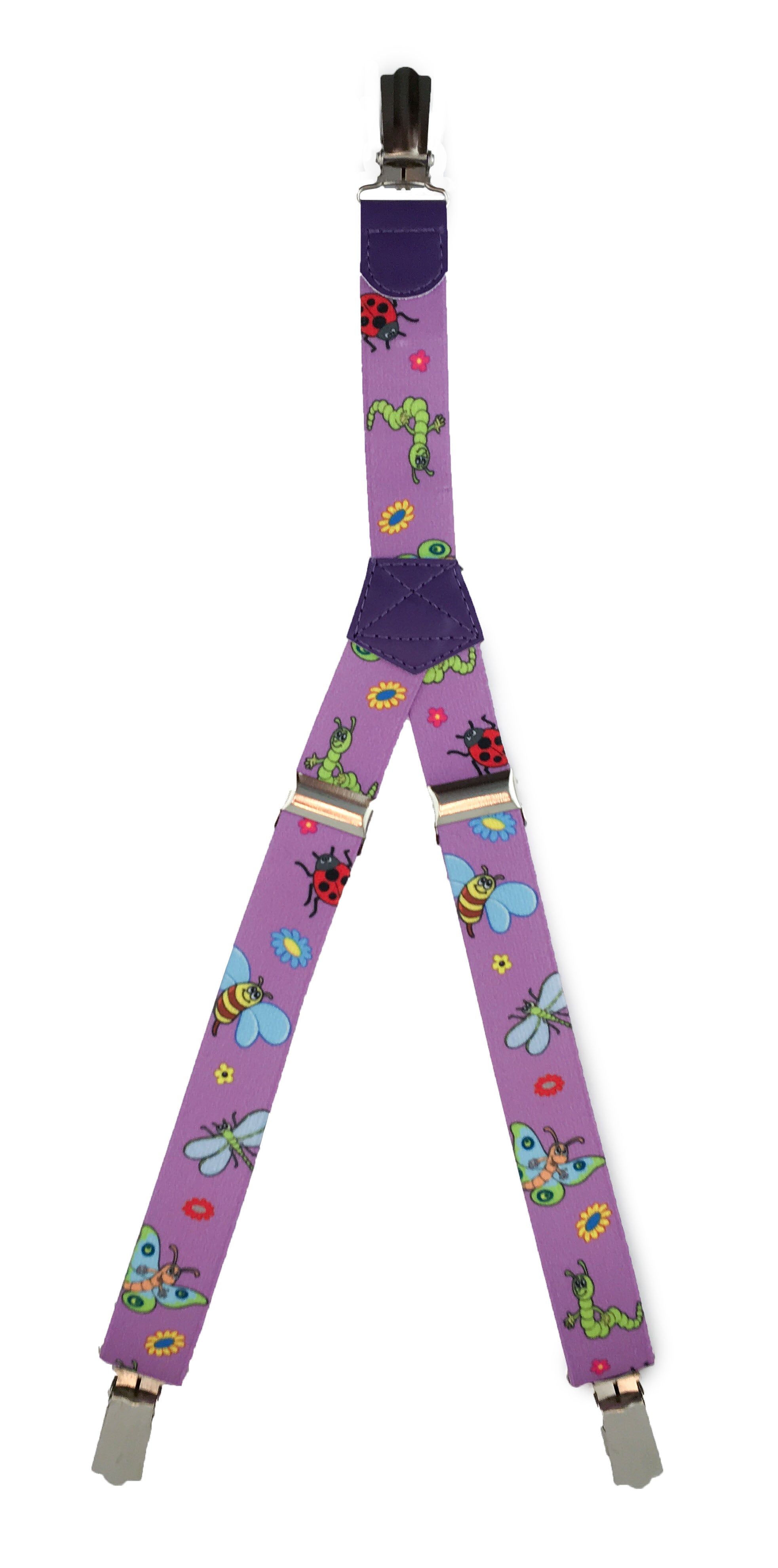 Patterned Kid's Clip Suspenders - Purple Insects