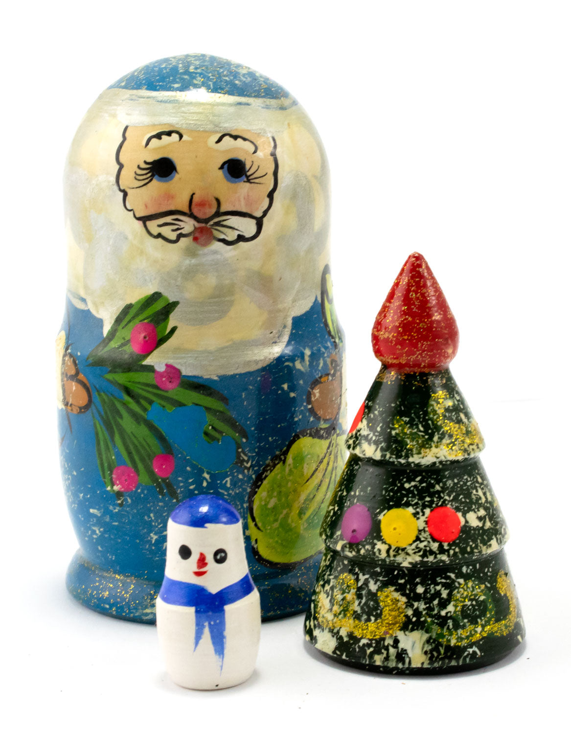 Blue Hand Painted Santa Nesting Doll - 3 Pieces, 4" Tall