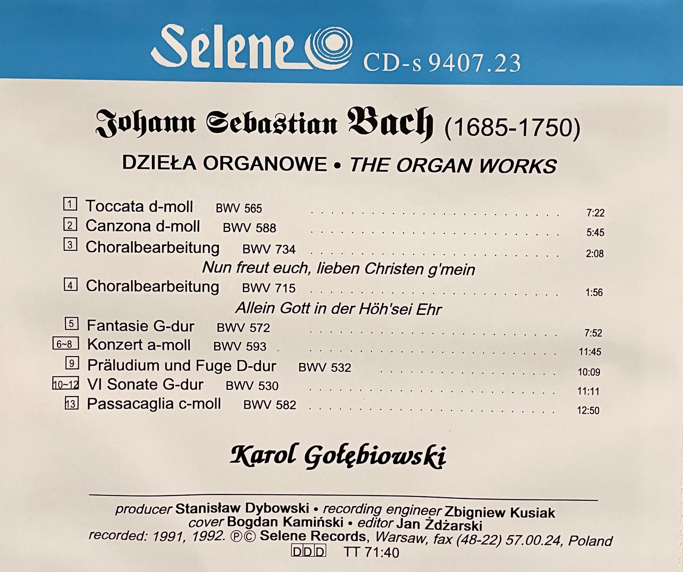 Bach - Toccata, Passacaglia, Canzona, etc... - Karol Golebiowski