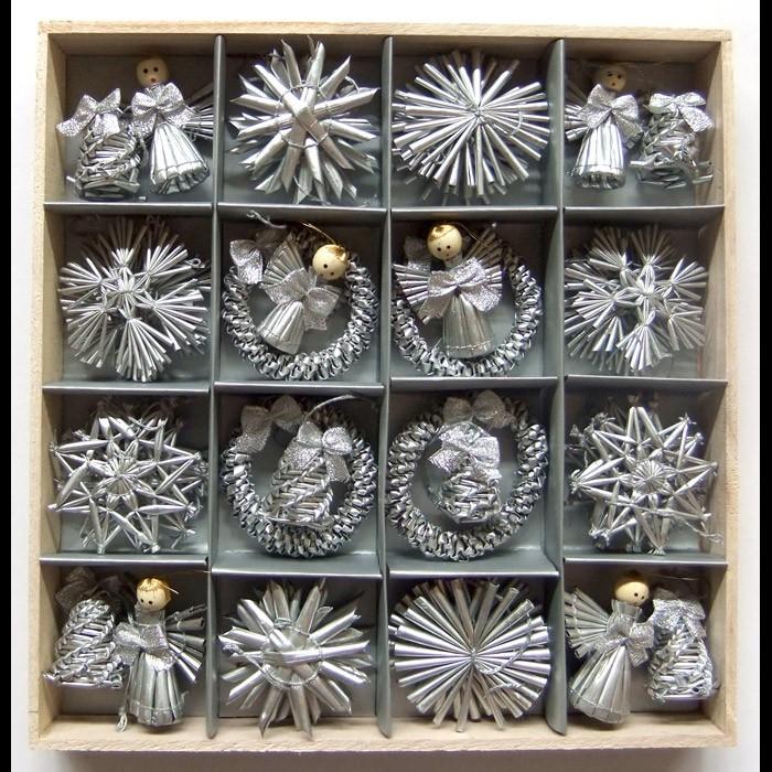 Christmas Straw Ornaments - Set of 48 pieces, Silver Finish