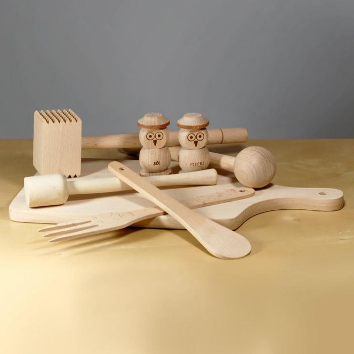 Wooden Kitchen Set - 9 pieces: Board, Mallets, Spoon & Fork