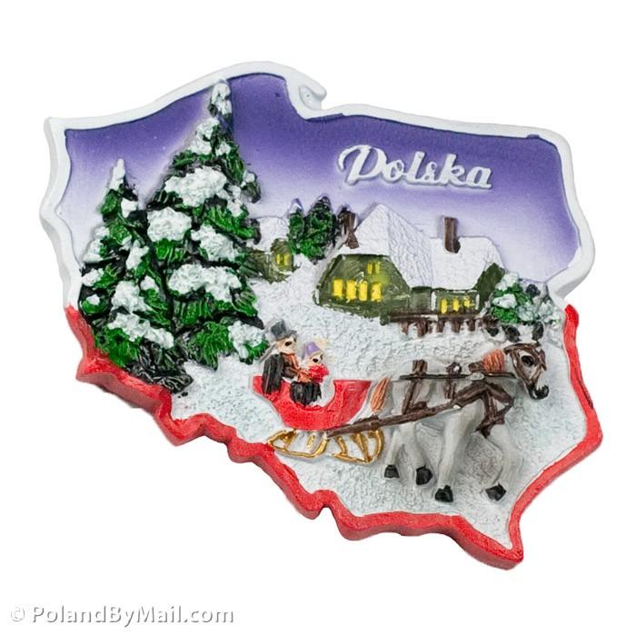 Poland Map Magnet - Polska, Winter Scene
