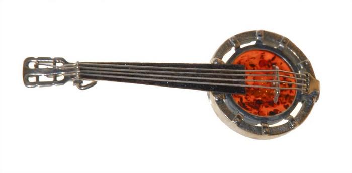 Brooch Instrument - Amber & Silver Banjo, 2.7 inches