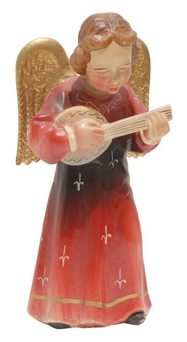 Wood Carved Statue - Angel Guitarist, 8" Tall