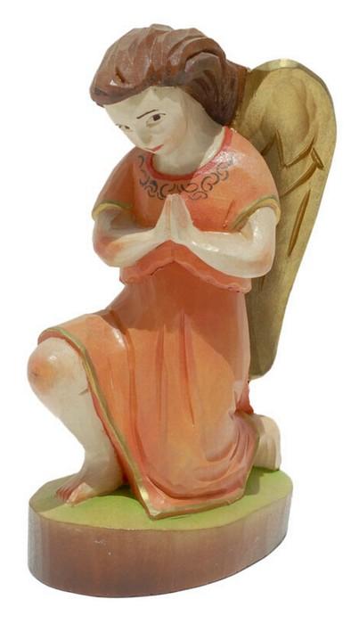 Wood Carved Statue - Praying Angel, 6" Tall Orange
