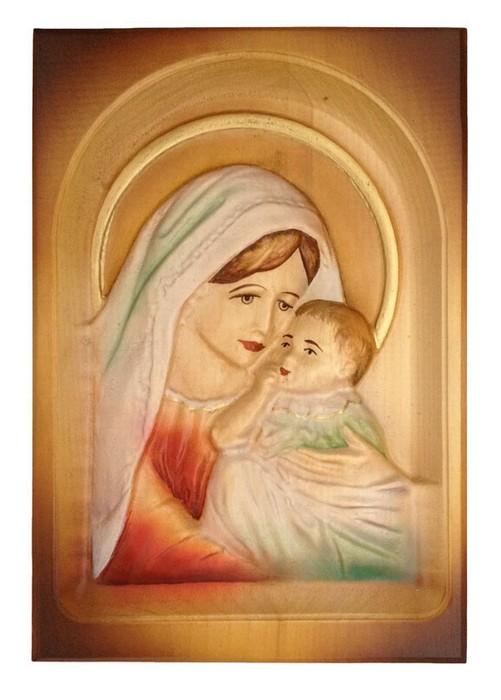Wood Carved Icon - Mother Mary with Baby Jesus (Color), #A