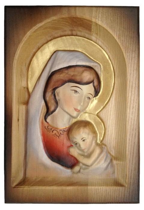 Wood Carved Icon - Mother Mary with Baby Jesus (Color), #B