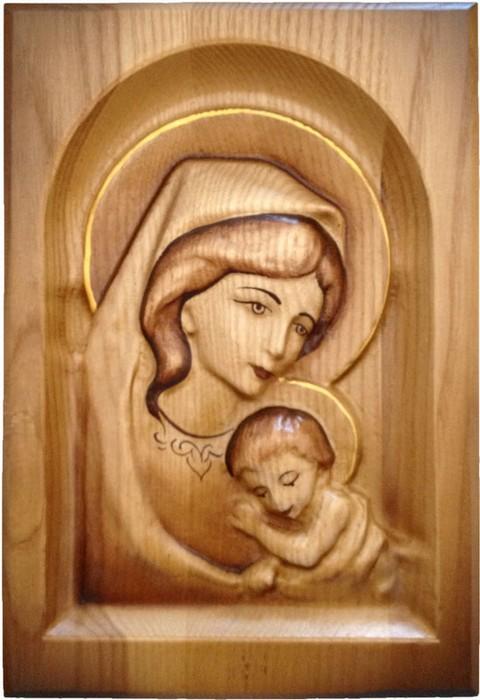 Wood Carved Icon - Mother Mary with Baby Jesus (Brown), #B