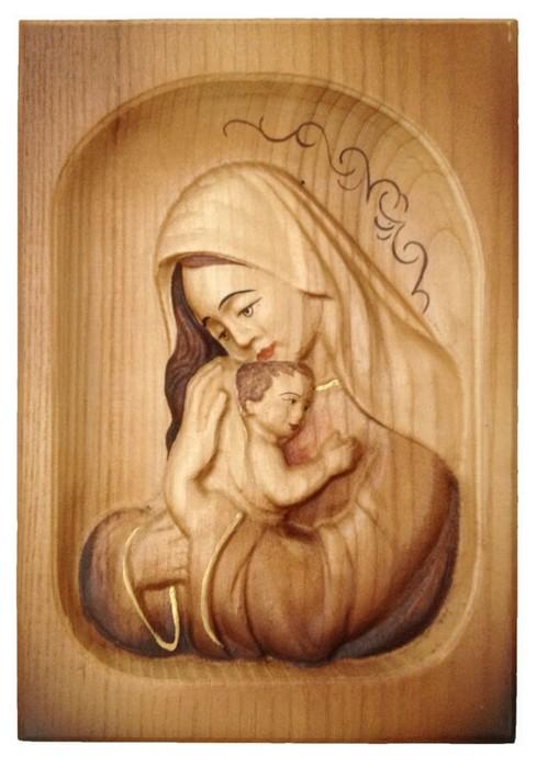 Wood Carved Icon - Mother Mary with Baby Jesus (Brown), #C