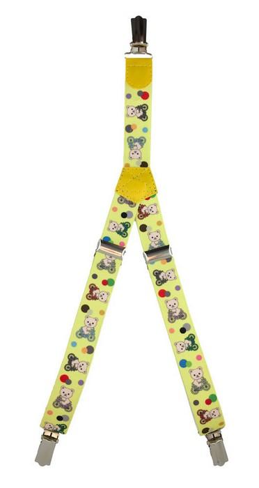Patterned Kid's Clip Suspenders - Yellow Bears on Bicycles