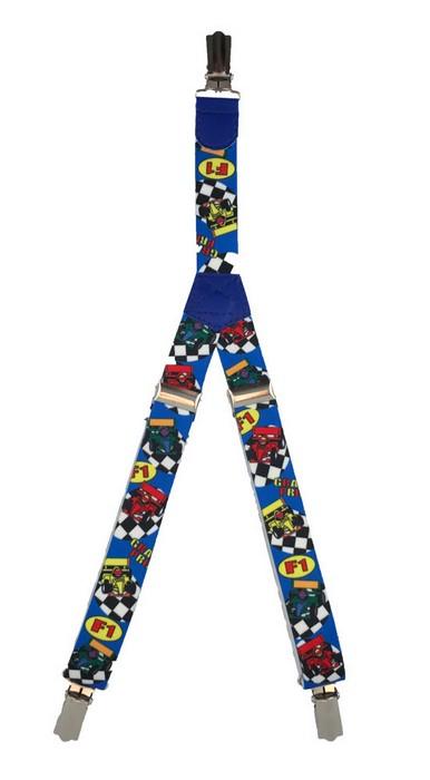 Patterned Kid's Clip Suspenders - Blue F1 Cars