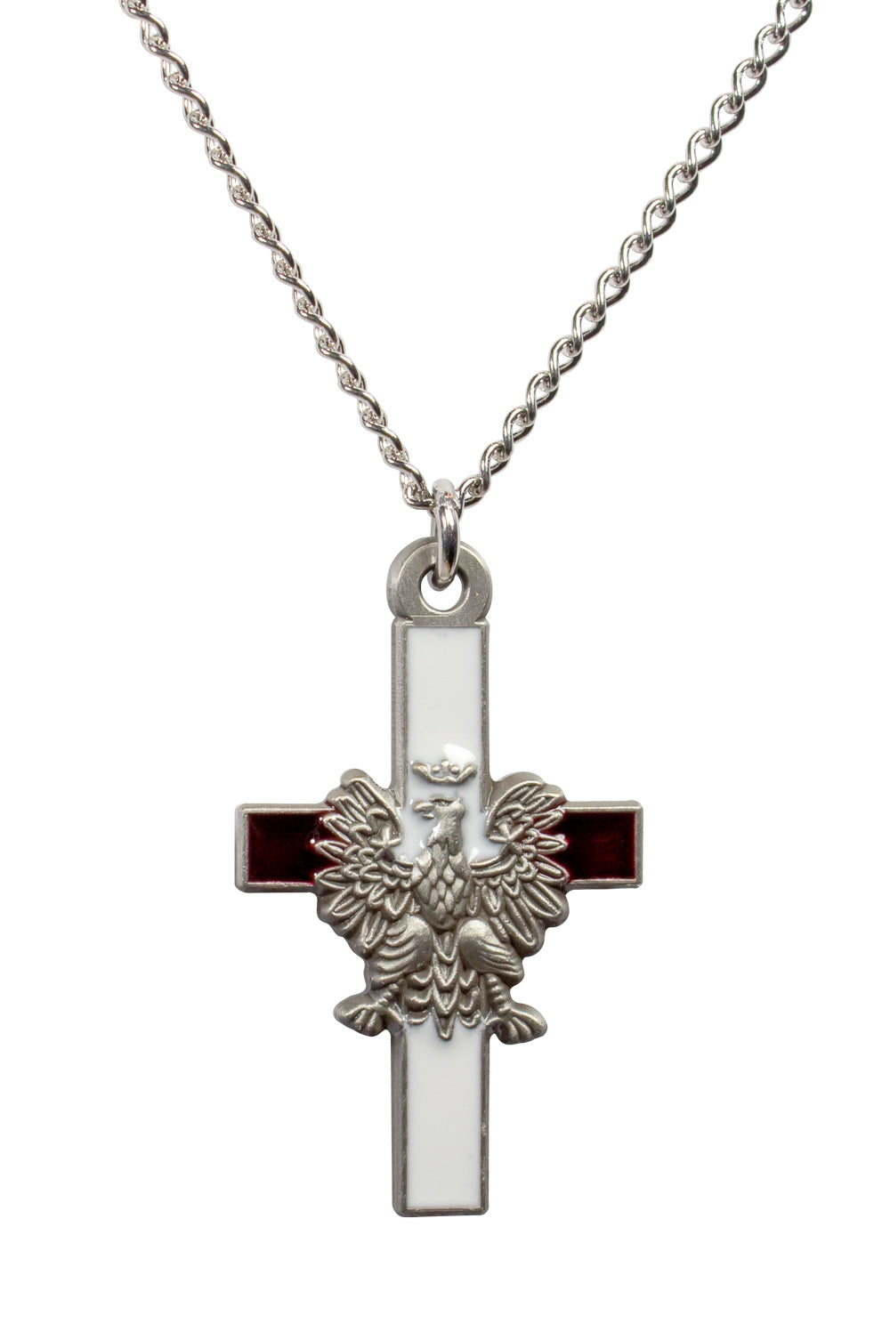 Necklace - Antique Silver White Eagle Cross, Deep Red & White