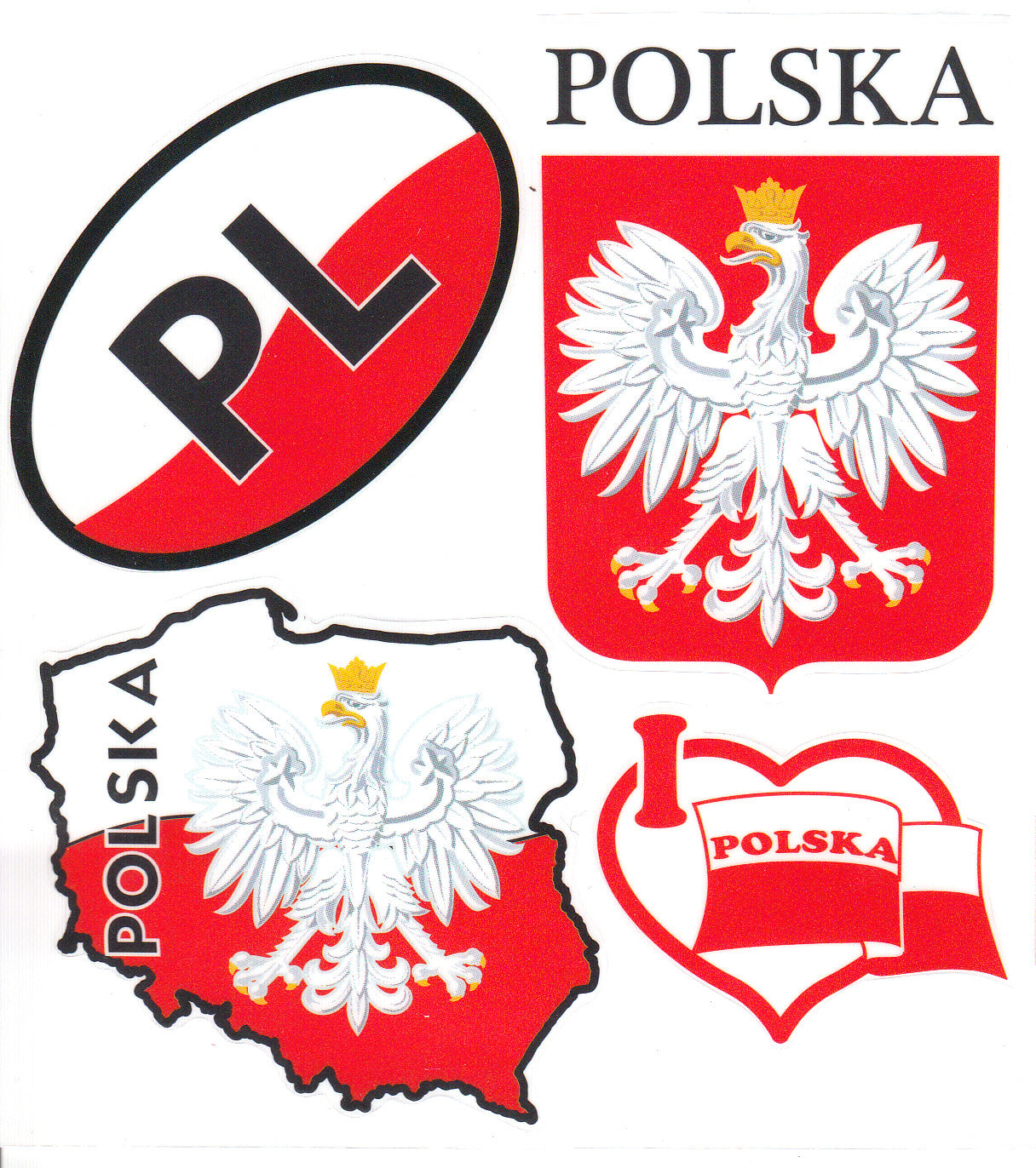 Stickers - Polish Flag, Map, Crest & Heart, Set of 4