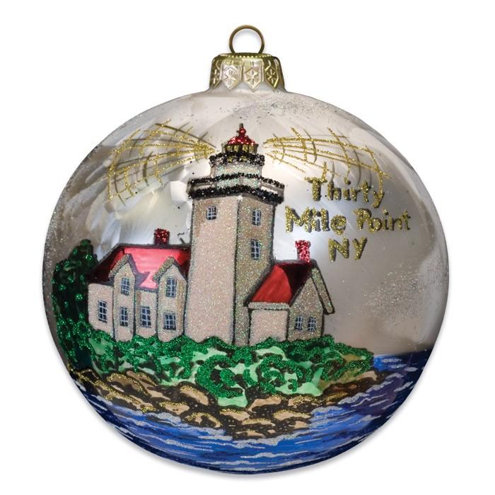 Blown-Glass Ball Ornament - Thirty Mile Point, NY Lighthouse