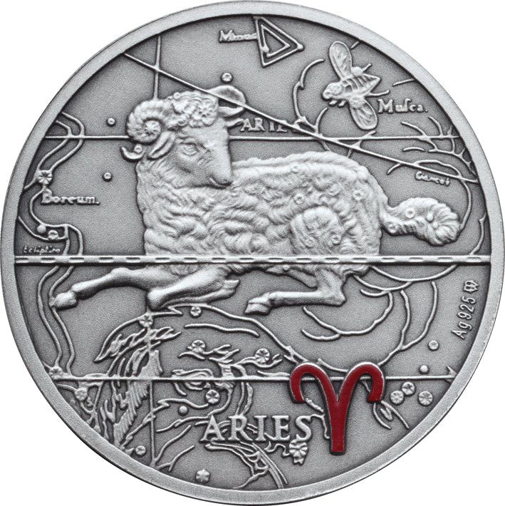 Oxidized 925 Proof Silver Medal - Aries, Mar 21 - Apr 19