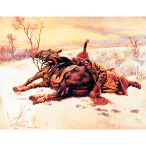 Silkscreen - W.Kossak: French Hussar with a Horse, 10" x 7"