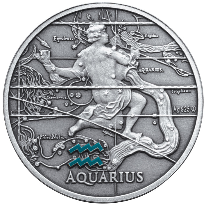 Oxidized 925 Proof Silver Medal - Aquarius,  Jan 20 - Feb 18