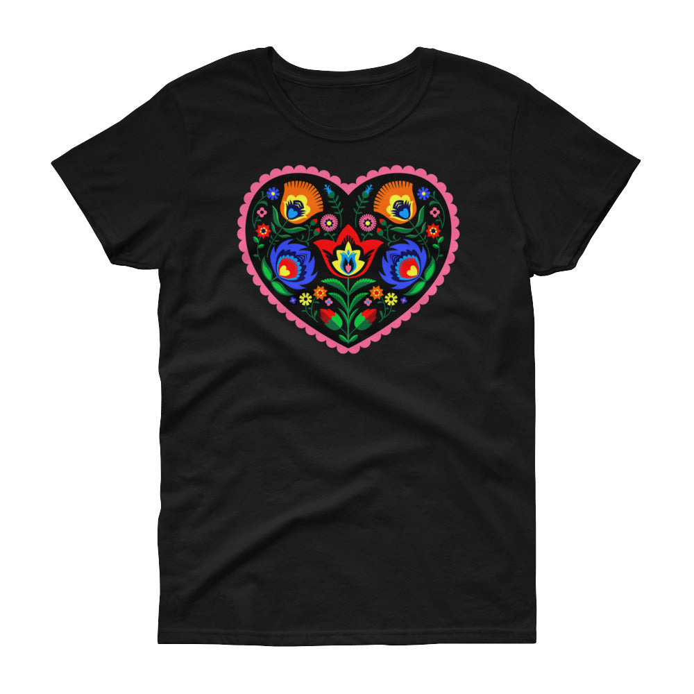 Folk Art Wycinanki Black Heart Women's Short Sleeve T-Shirt