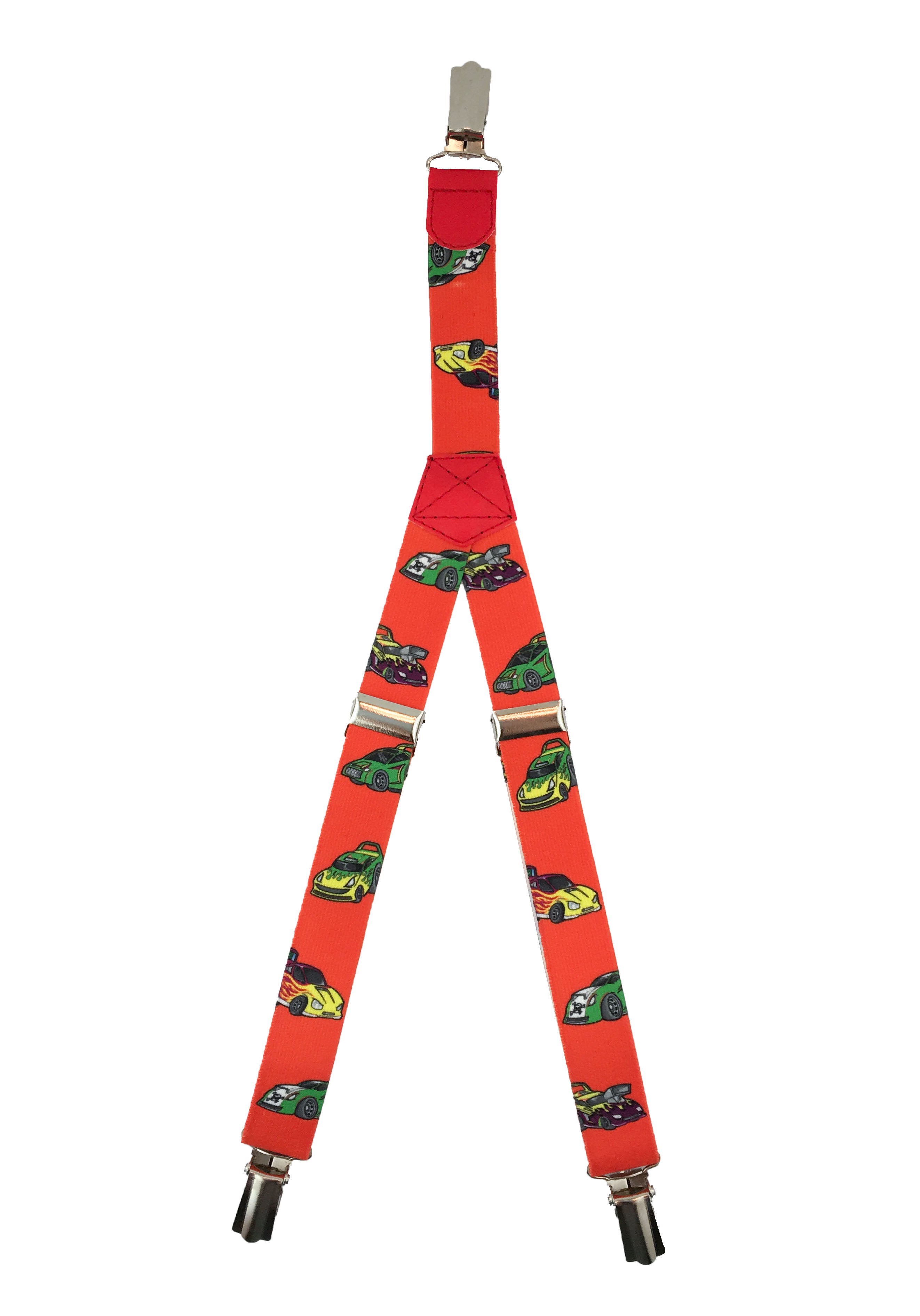 Patterned Kid's Clip Suspenders - Orange Tuned Up Cars